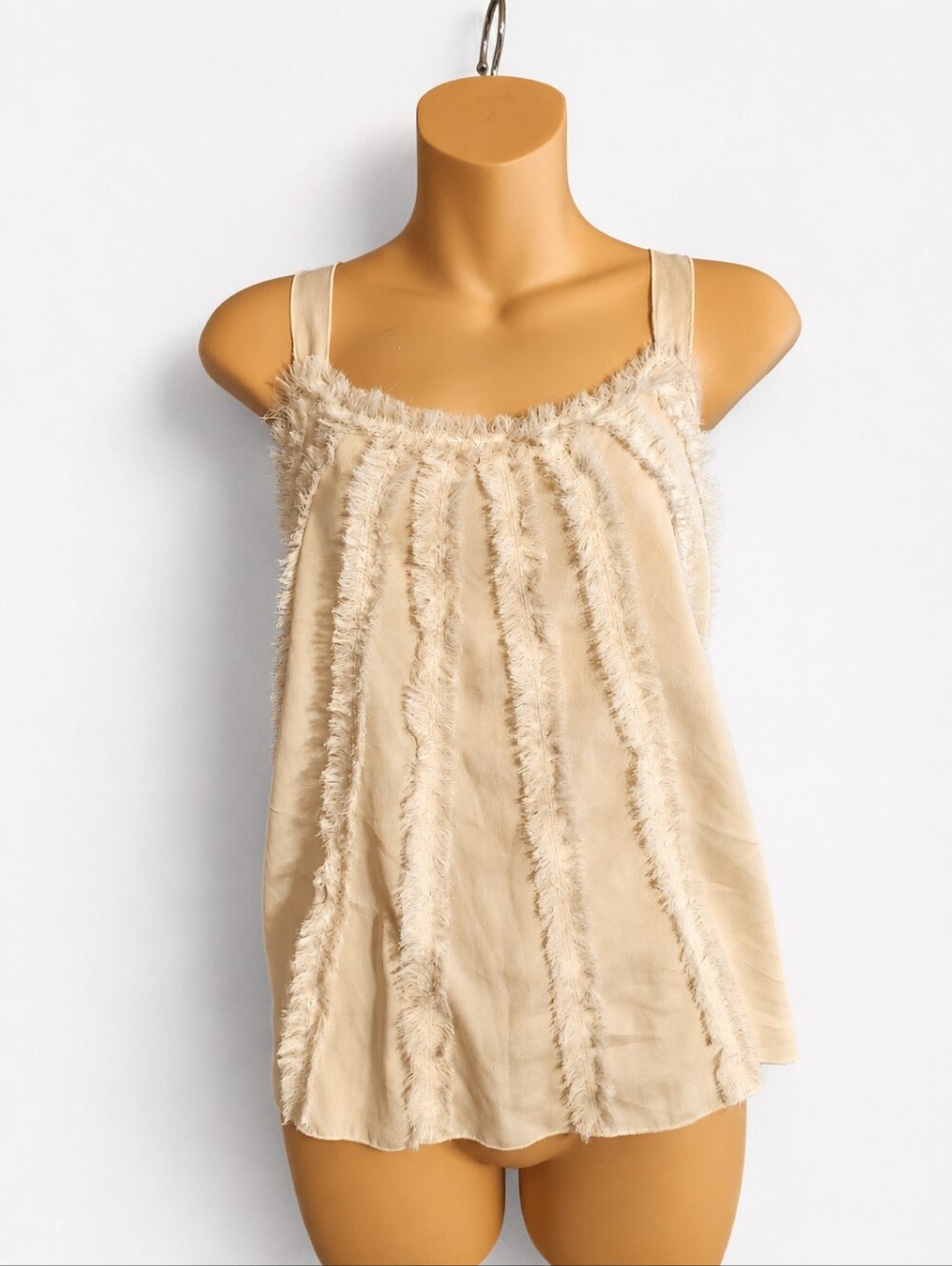 Metro 7 Cream Textured Fringe Tank Top Women's Medium Boho Flowy Cami
